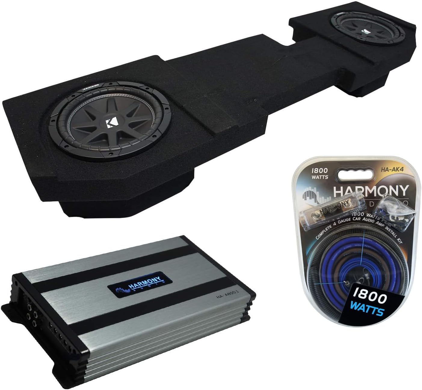 Harmony AudioKicker Bundle Compatible with 2002-2018 Dodge Ram Quad Or Crew C10 Comp Dual 10" Loaded Sub Box Enclosure with Harmony HA-A800.1 Amplifier