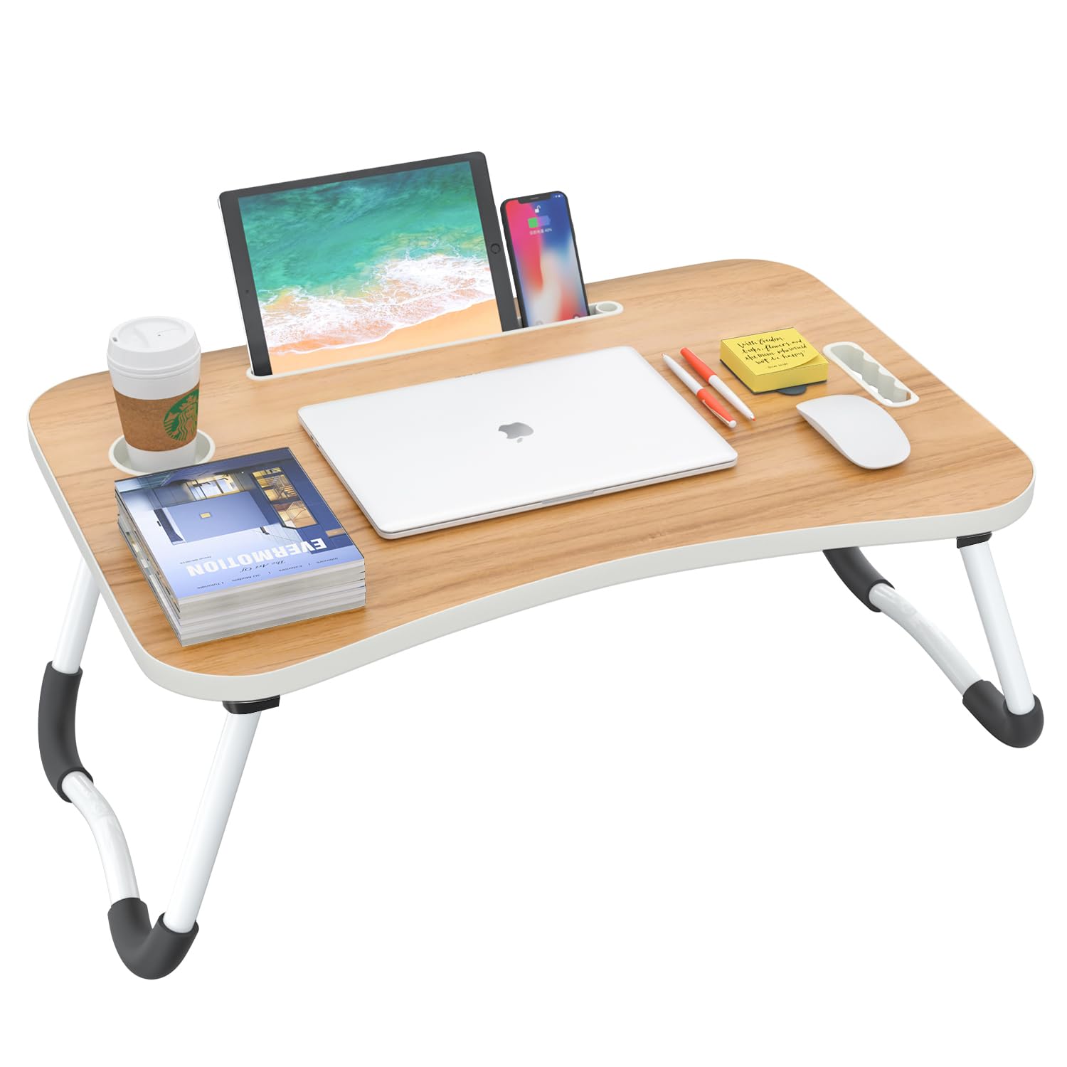 BUYIFY Folding Lap Desk, 23 Inch Portable Wood Yellow Laptop Bed Desk Lap Desk with Cup Holder, for Working Reading Writing, Eating, Watching Movies for Bed Sofa Couch Floor
