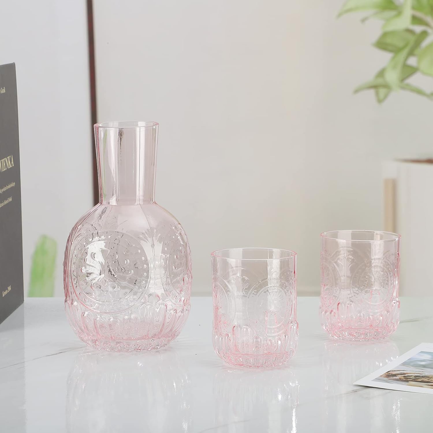 Bedside Water Carafe and Glass Set, 44oz Crystal Nightstand Water Carafe with 2 Tumbler Glass Cup, Glass Juice Mouthwash Bottle for Storing Water, Juice and Other Drinks(White)