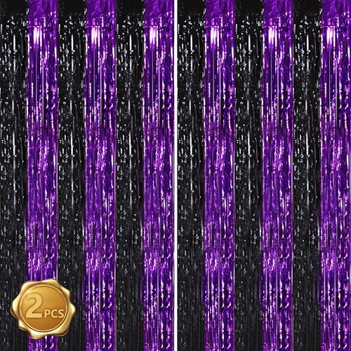 Image of BEISHIDA Black Purple Door Streamers Backdrop Foil Fringe Tinsel Party Streamers Curtains Photo Backdrop - 2Pcs for Birthday Graduation Halloween Party Decoations