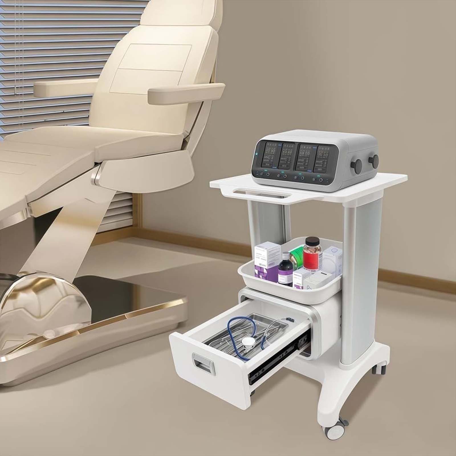 Przenośny wózek na stołek dentystyczny z cichymi kółkami i antypoślizgowymi podkładkami, idealny do szpitali, klinik, salonów piękności, spa, biur i sypialni