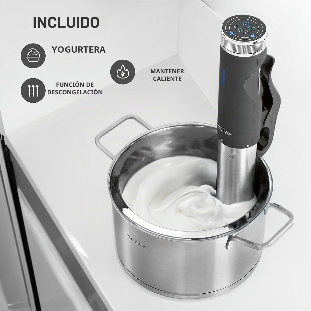 ProfiCook® Sous Vide Stick función mantener caliente y descongelar, sous vide hasta 90°C, pinza de montaje para olla de cocción lenta. Pantalla táctil, carcasa de acero inoxidable, PC- SV 1126