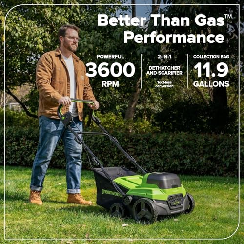 Image of Greenworks 48V (24V x 2) 15 inch Cordless Lawn Scarifier & Dethatcher, Includes (2) 4.0Ah Batteries & 65W Charger, Adjustable Depth Lawn Groomer, Yard Thatch Grass Remover for Backyard, Garden Care