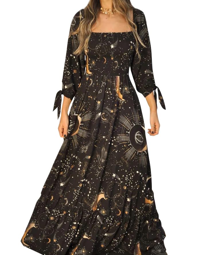 Womens Boho Maxi Dress 3/4 Long Sleeve Casual Sundresses Celestial Print Flowy Summer Fall Beach Dresses for Women