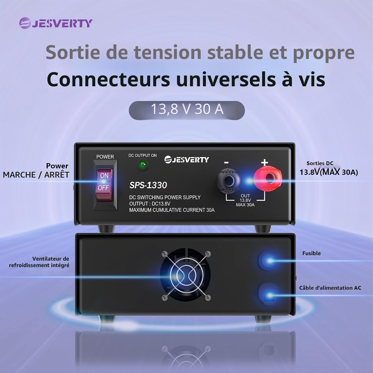 Jesverty SPS-1330 Alimentation Compacte Universelle 30A 13,8V AC-DC Convertisseur pour Banc