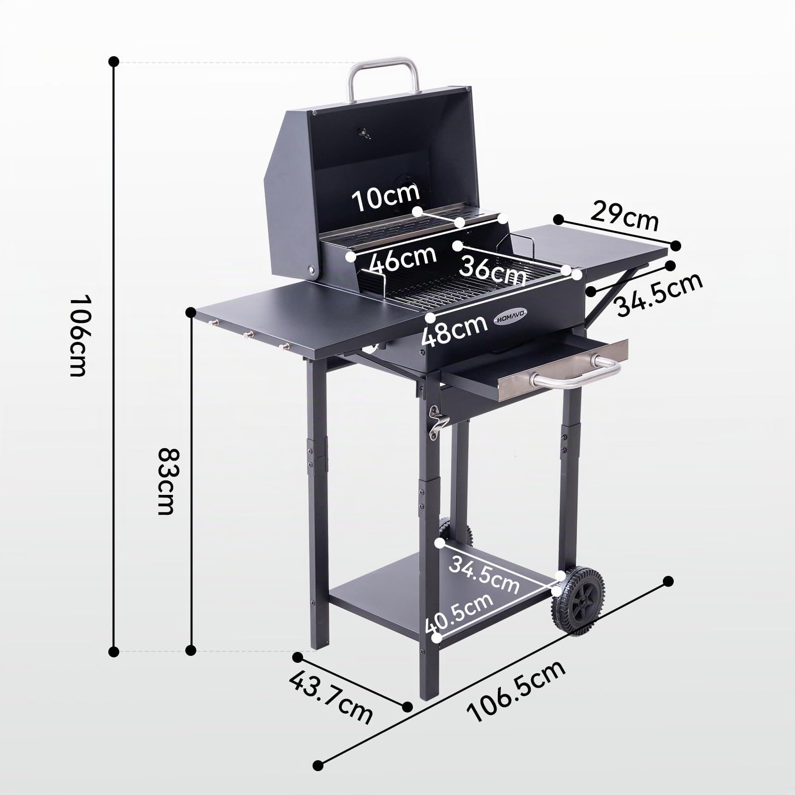 Barbecue charbon avec couvercle, Grill 2 en 1 sur pied et table, Compact pour balcon et jardin, Thermomètre intégré, Grille maintien au chaud, Facile à déplacer