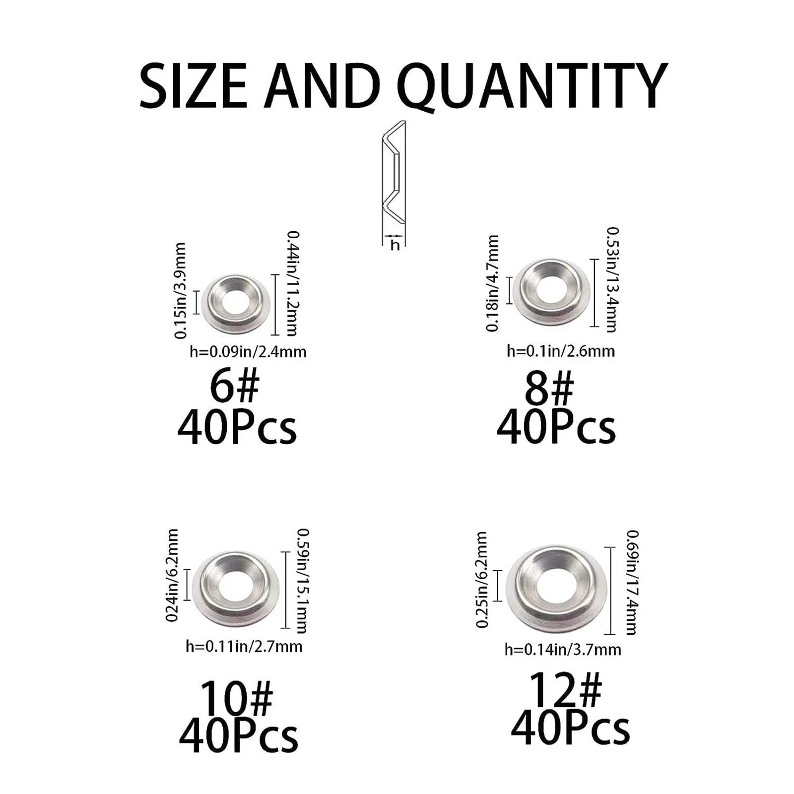 Kit Surtido de Arandelas avellanadas Acero Inoxidable 304, 160 Uds., M6, M8, M10, M12