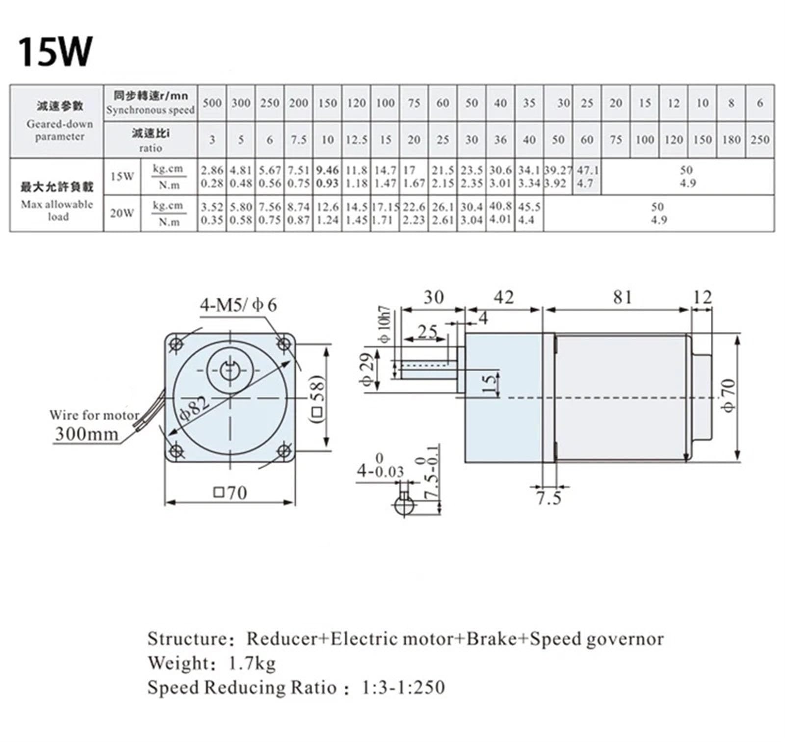 Motorreductor reversible de CA 3RK15GN-C, 15 W, 220 V CA, monofásico, velocidad ajustable, 70 x 70 mm, reductor de velocidad variable Reducción de par(6.9rpm)