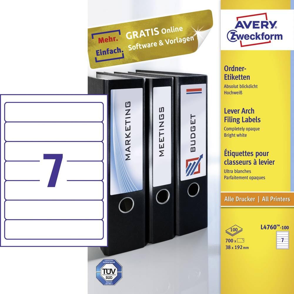 Avery Zweckform, L4760-100, Filing Labels, 100 Sheets, for Slim Ring Binders, like Leitz, Elba, Esselte, Mehle, Herlitz, Bene, 192 x 38 mm