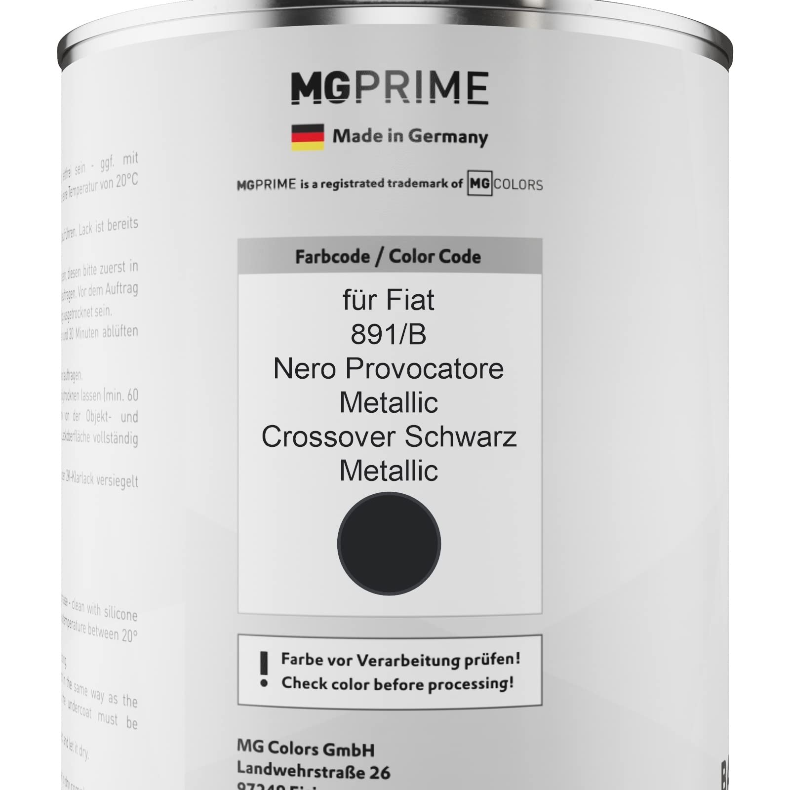 MG PRIME Vernice per auto Barattolo pronto all’uso per Fiat 891/B Nero Provocatore Metallic/Crossover Black Metallic Vernice di base 1,0 litri 1000ml