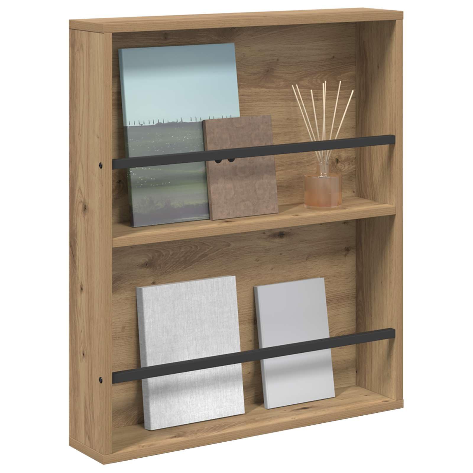 Revistero montado en la pared, roble Artisan, 60 x 12 x 70 cm, material de madera, moderno soporte para revistas para salón, oficina, pasillo, sala de espera, recepción, práctica, rincón de