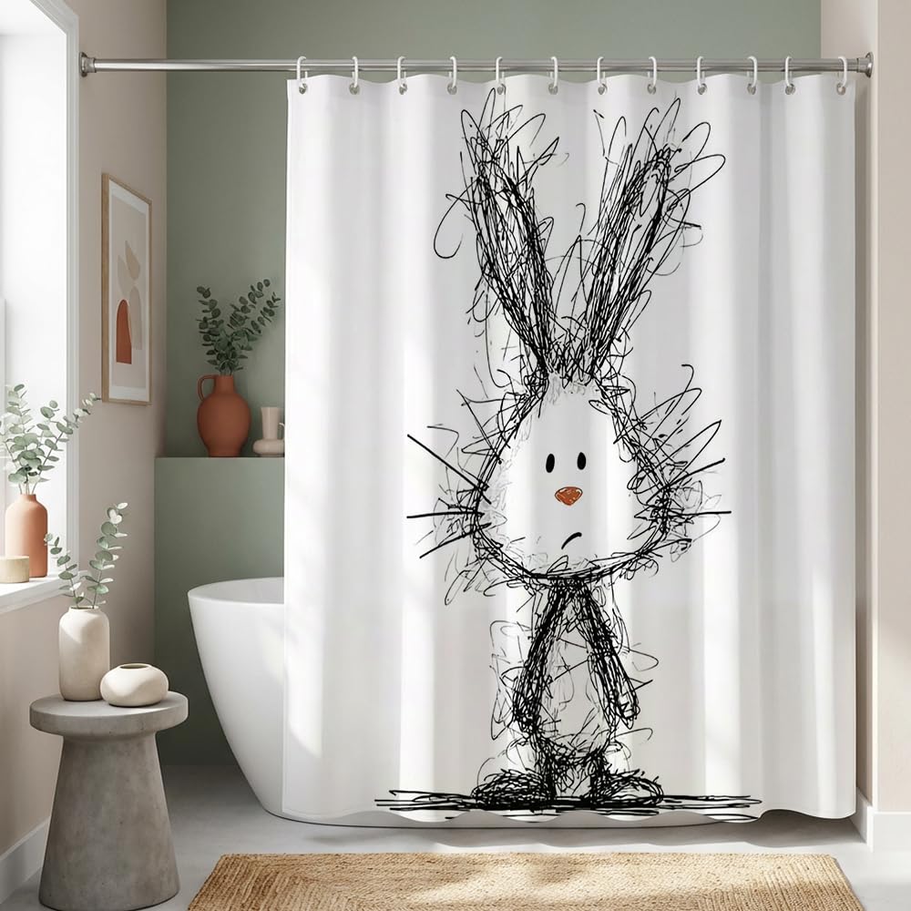 ZAFYYGH Grumpy Bunny Sketch Art Shower Curtain, 72x72 Inch Scribble Line Drawing Animal Fabric, Funny and Unconventional Bathroom Decor