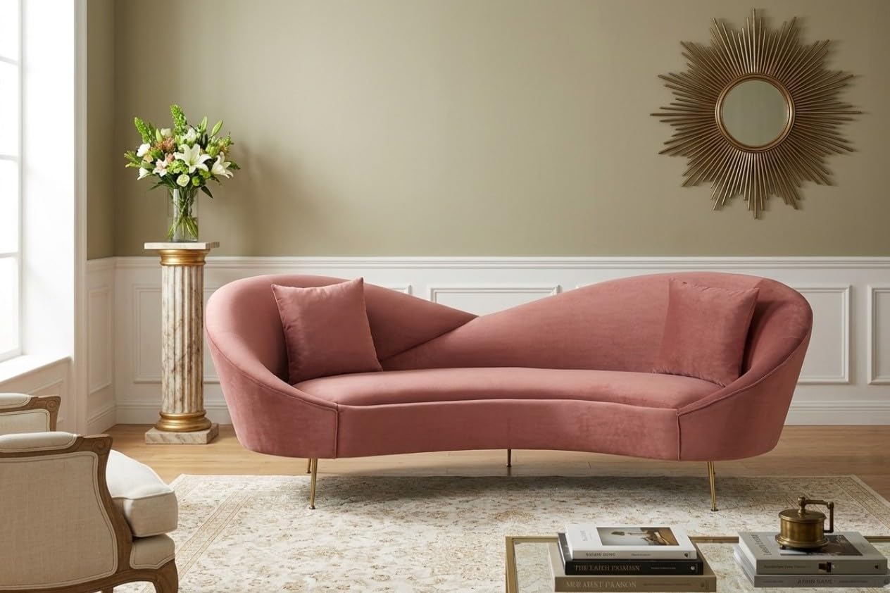 Luxury Velvet Curved Sofa with Gold Metal Legs | 3 Seater Upholstered Couch for Living Room, Bedroom & Office | Comfortable Lounge Sofa (Pink)-image-35