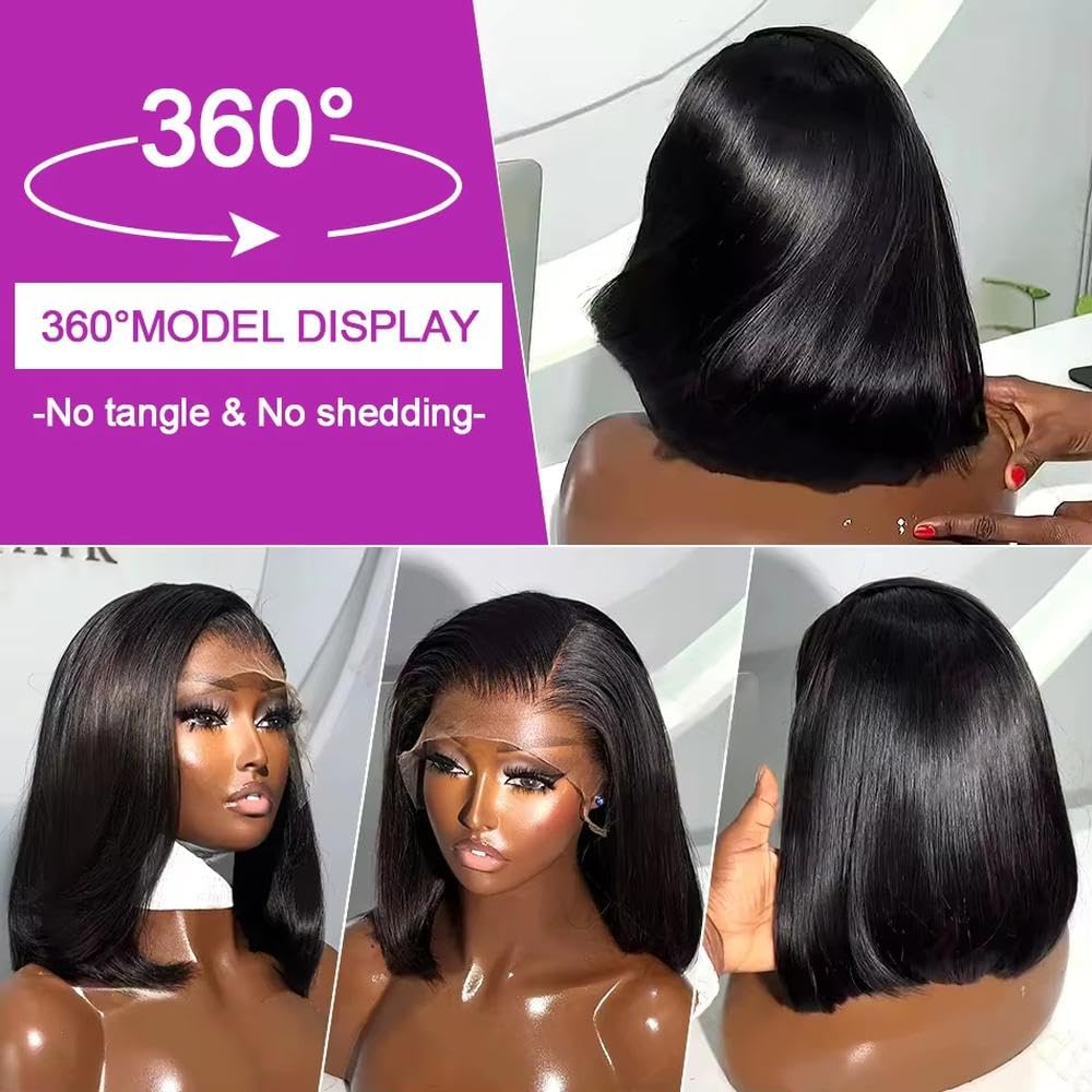 Haarpflege Transparente HD-Spitze-Frontal-kurze Gerade Bob-Perücke Leimloses Echthaar 250% Dichte Für Frauen(13x4,250%_10INCHES)