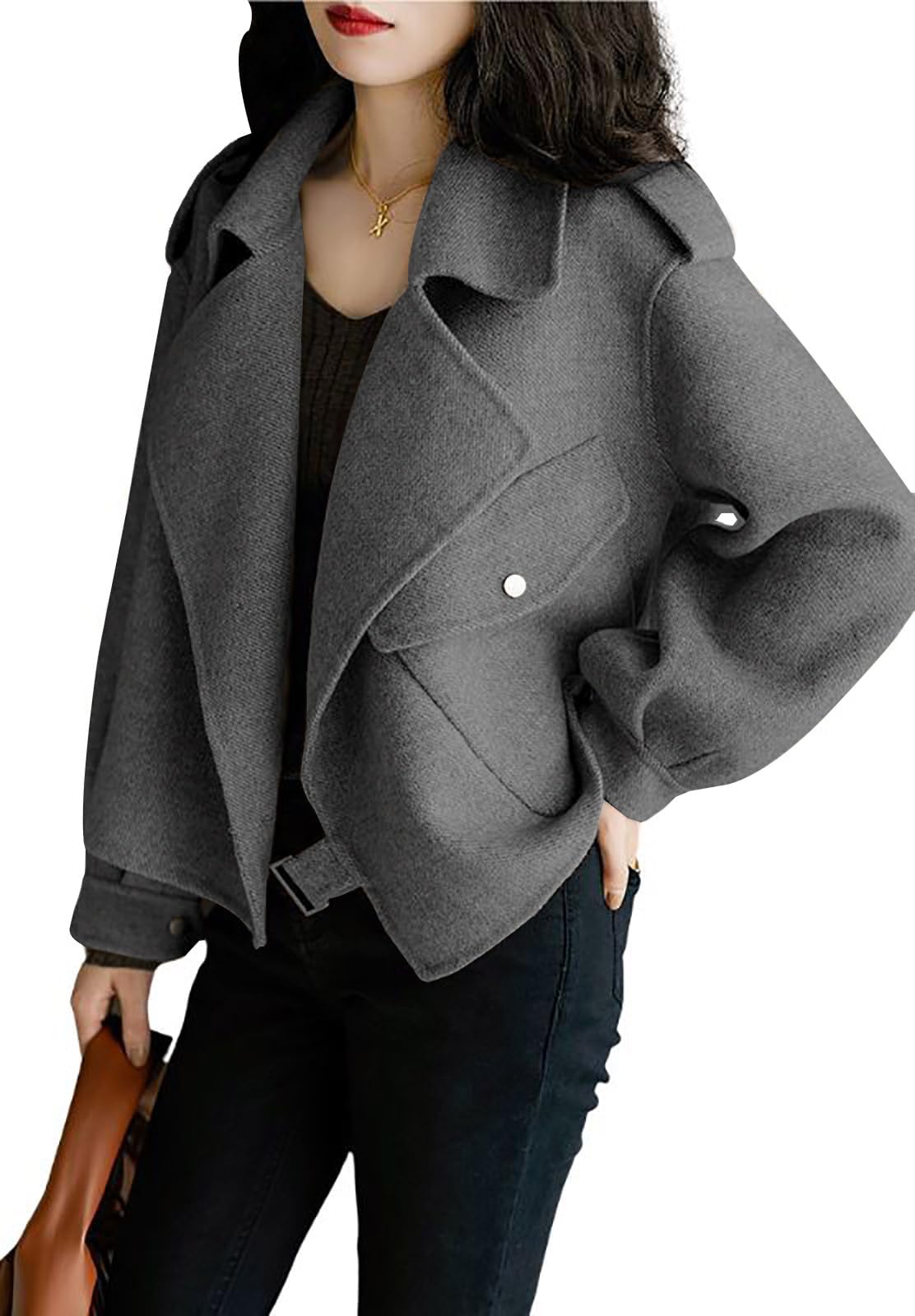 chouyatou Womens Fall Casual Cropped Wool Coat Open Front Loose Dressy Blazer Jacket Short Trench Coat