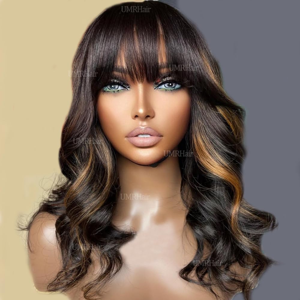Amazon.com : Highlights Loose Wave wigs with bangs Balayage  display picture 2