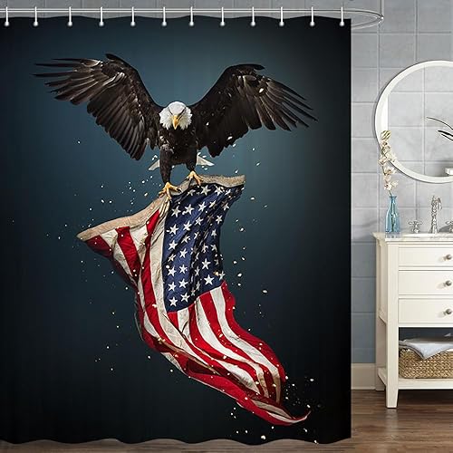 Vista 27 de Cortina de ducha con la bandera estadounidense, 4 de julio, Día de la Independencia del Águila Calva, Estados Unidos, cortina patriótica con Azul