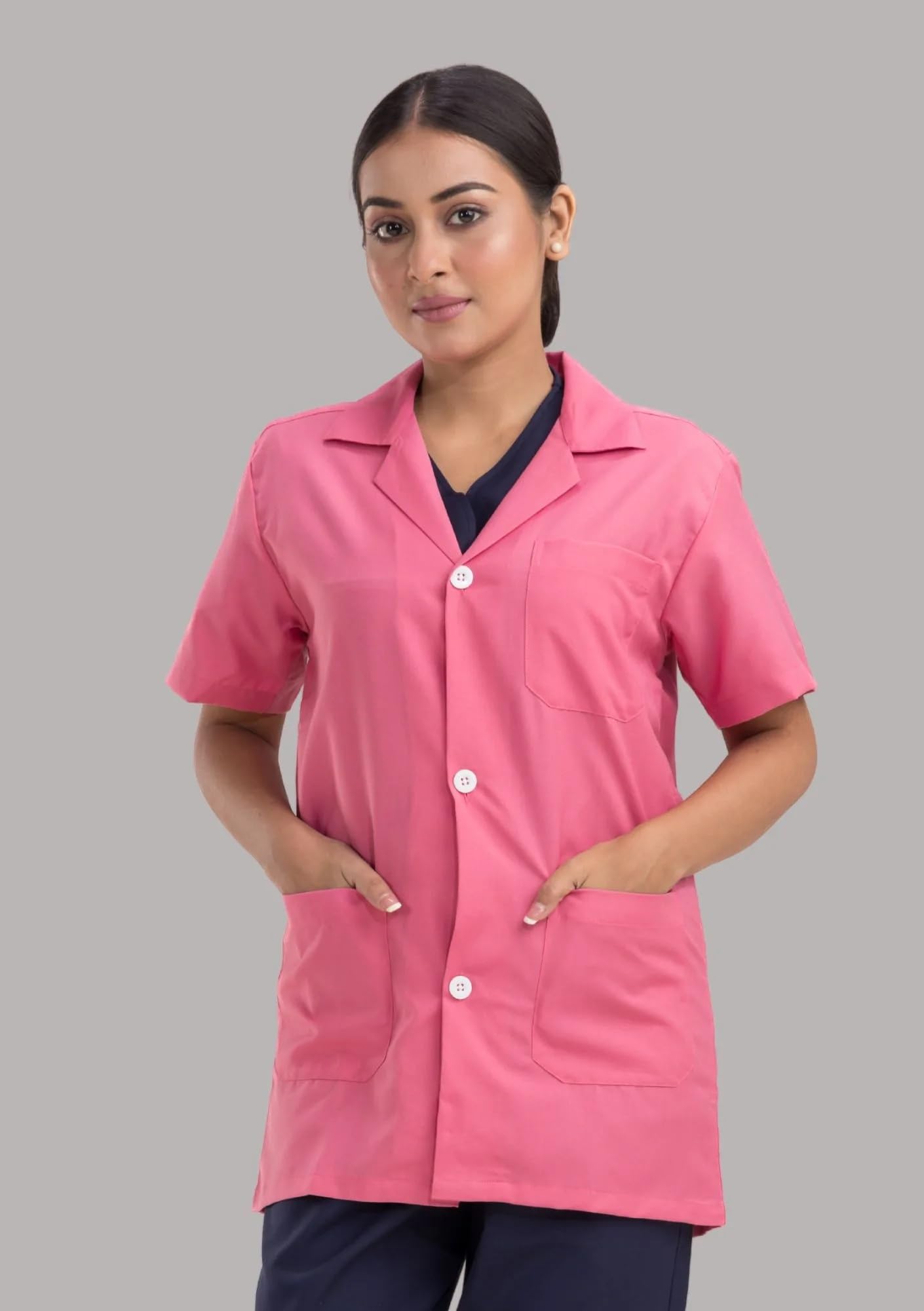 Professional Medical Uniform Scrub Top, Pink Short Sleeve Lab Coat with Pockets, Healthcare Worker Workwear-image-36