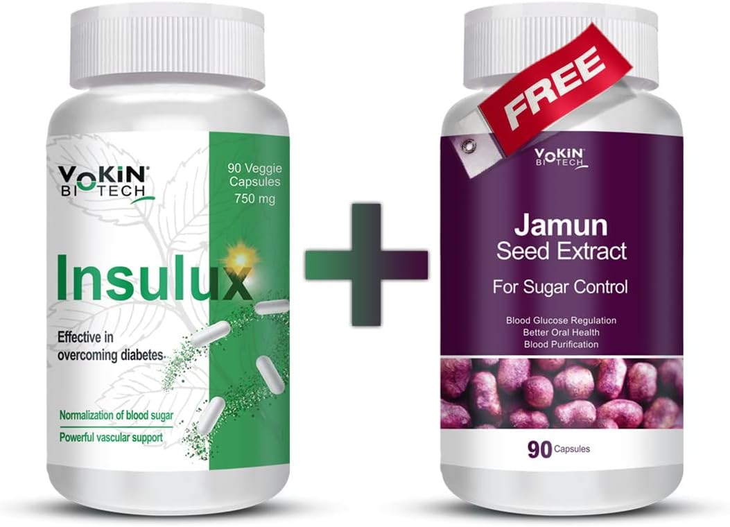Vokin Biotech Herbal Insulux For Endocrine Health & Diabetes Control (90 Capsules) Get Free Jamun Seed Extract For Sugar control (90 Capsules)