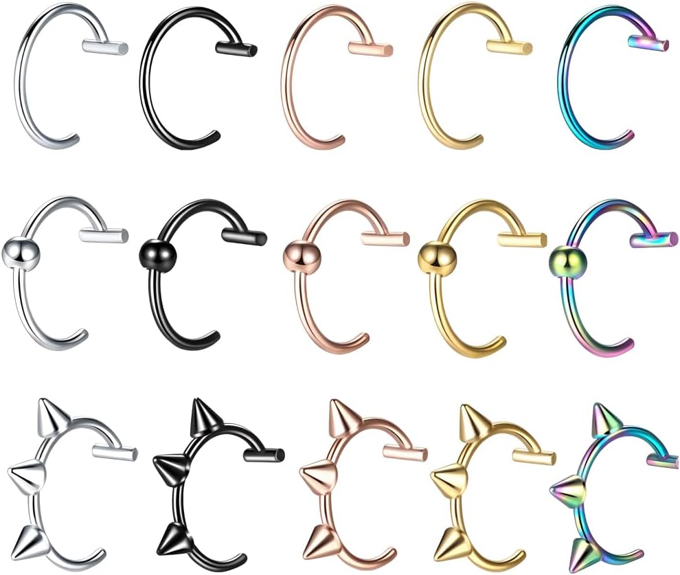 15PC Fake Lip Piercing, Nose Ring Without Piercing Multi-Piece Set, Stainless Steel Punk Body Jewelry for Teens Adults Men Women, Daily Party