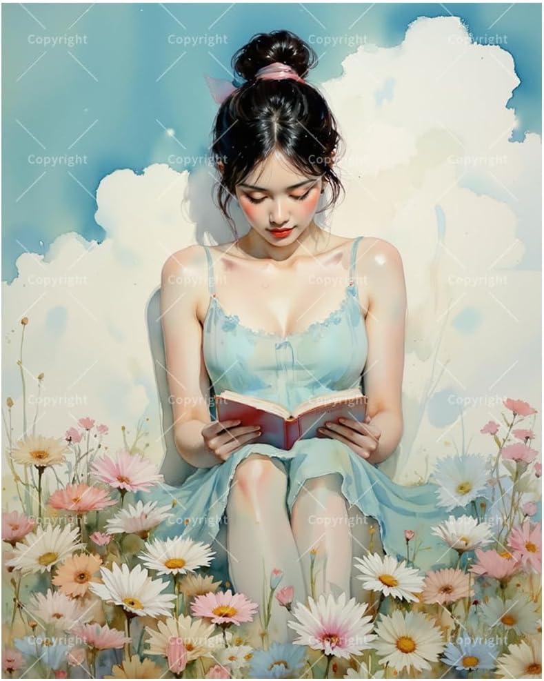 Reading & Flowers Paint by Numbers Kit for Adults - DIY Girl Reading Book in Pastel Dress among Daisies Painting on Canvas 16x20In, Framed Acrylic Paint Set, Suitable for Beginners, Art for Gift