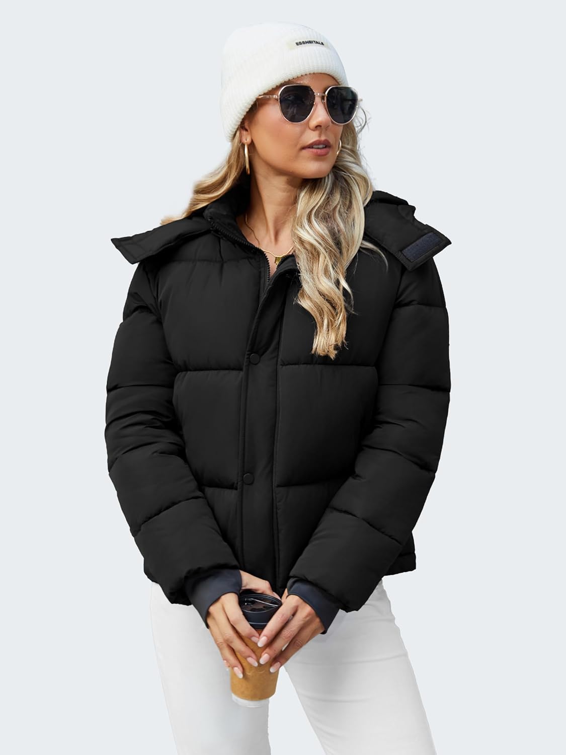 Funlingo Women's Cropped Puffer Jacket with Removable Hood Winter Zip Up Snap Button Warm Trendy Quilted Coat - Image 2