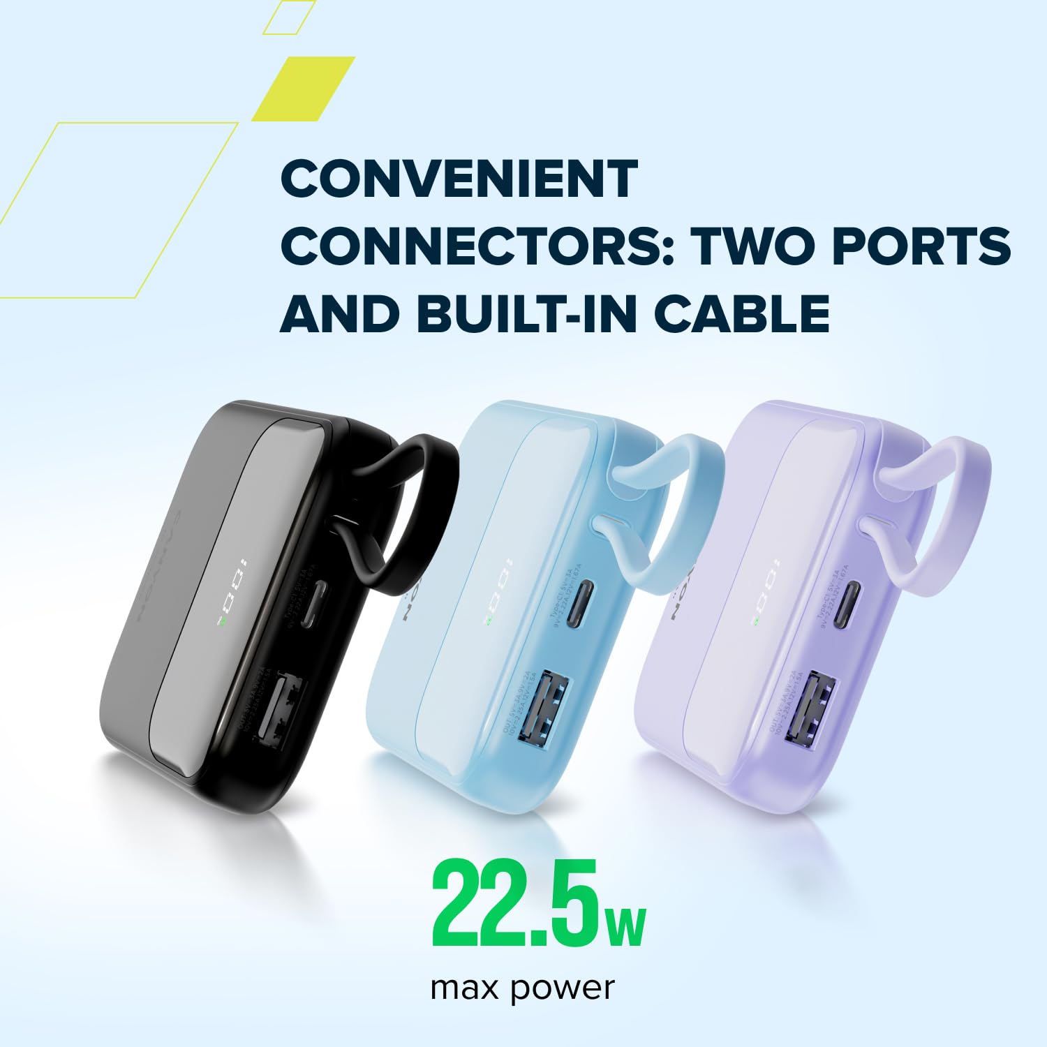 CANYON OnPower 101 - Batteria esterna da 10000 mAh con cavo USB-C integrato, PD 22,5 W e ricarica rapida QC 3.0, display digitale, batteria portatile sottile, viola