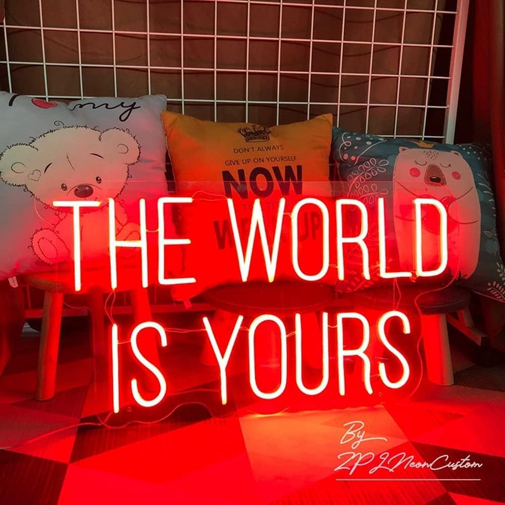 Neon Sign The WORLD IS YOURS 23.6 x 12.2 in 3D Personalized Neon LED Lights Neon Sign Bedroom Bachelorette Party Birthday Favors for Wall Decor Pink Room Decor or Christmas Neon Bar Signs
