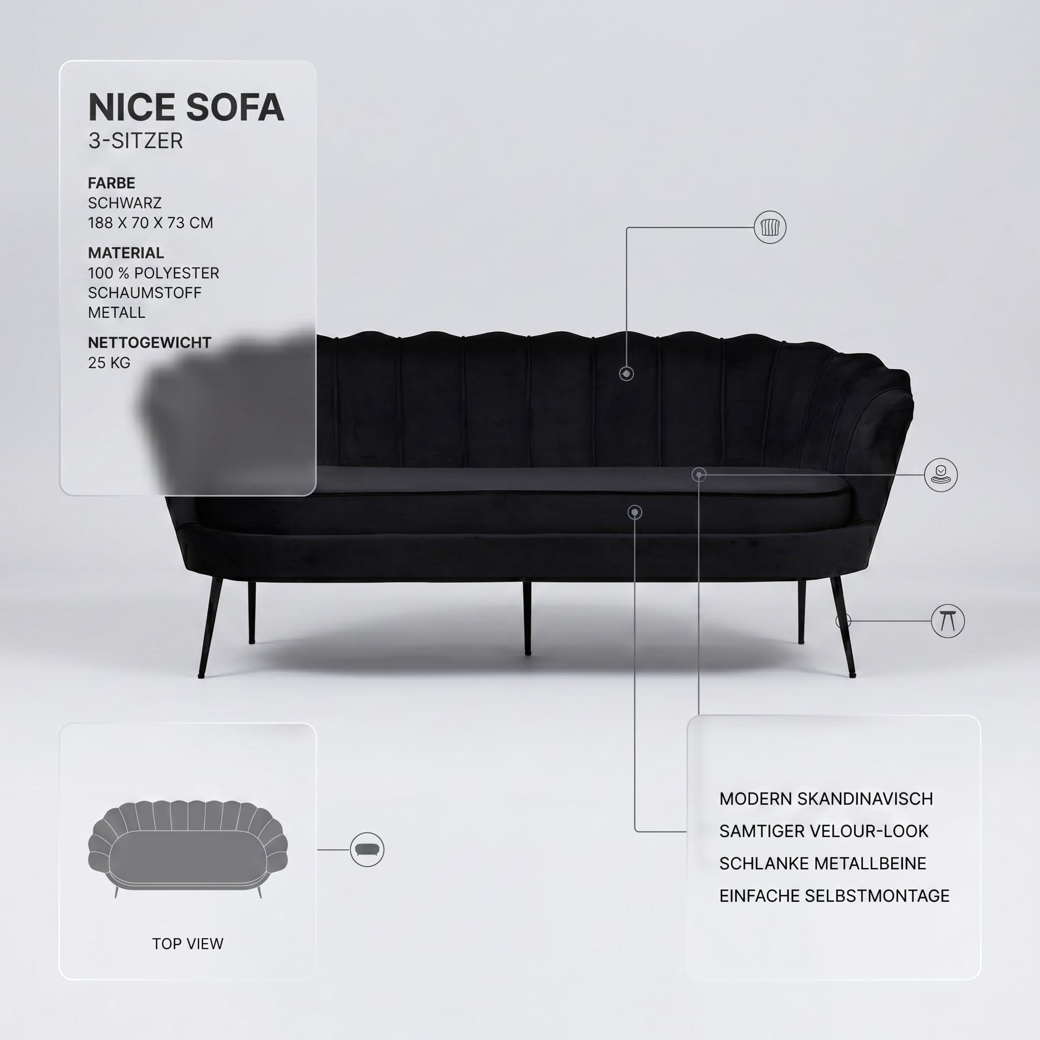 Couch 3 Sitzer - Sofa Nice 3 Personen Velours Schwarz 181x79x78 cm 3er Polstersofa Dreisitzer Wohnzimmersofa modern skandinavisch Stoffsofa Loungesofa Wohnzimmermöbel Sitzcouch Sitzmöbel