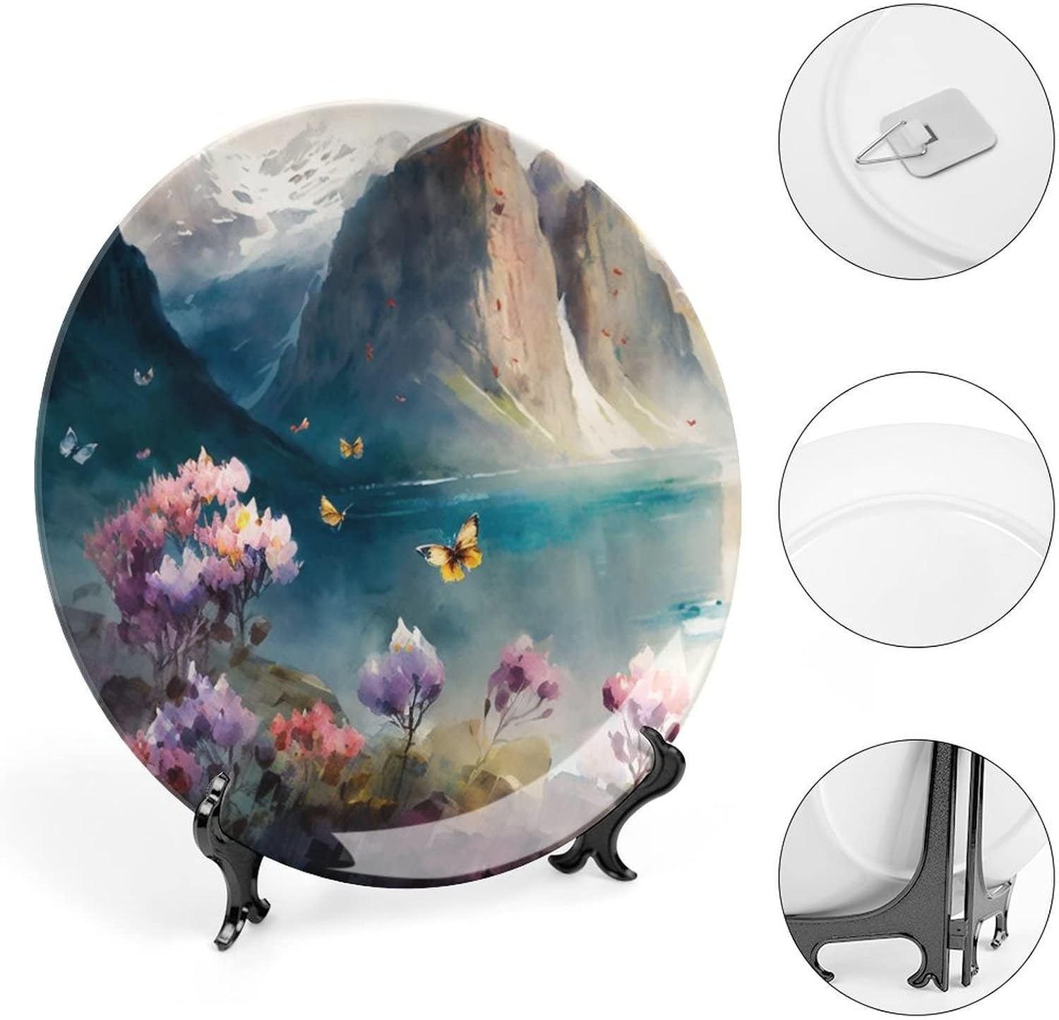 Decorative Plate, Mountain, Flower & Butterfly Art Oil Painting Ornament Display Plate Art Decoration Art Painting for Home Office Party Dinner Table Decor Porcelain Plates 6 Inch, Birthday Gifts