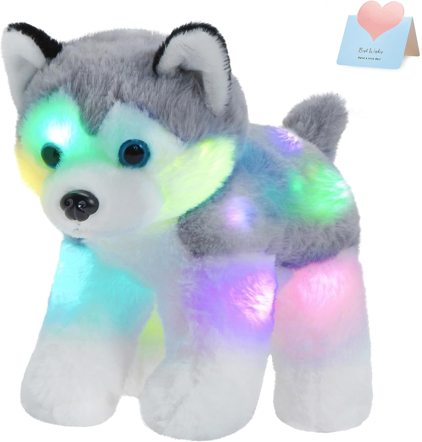 BSTAOFY 12’’ Light up Husky Puppy Stuffed Animal Realistic LED Dog Soft Plush Toy with Night Lights Glow in the Dark Birthday Valentines Christmas for Toddler Kids