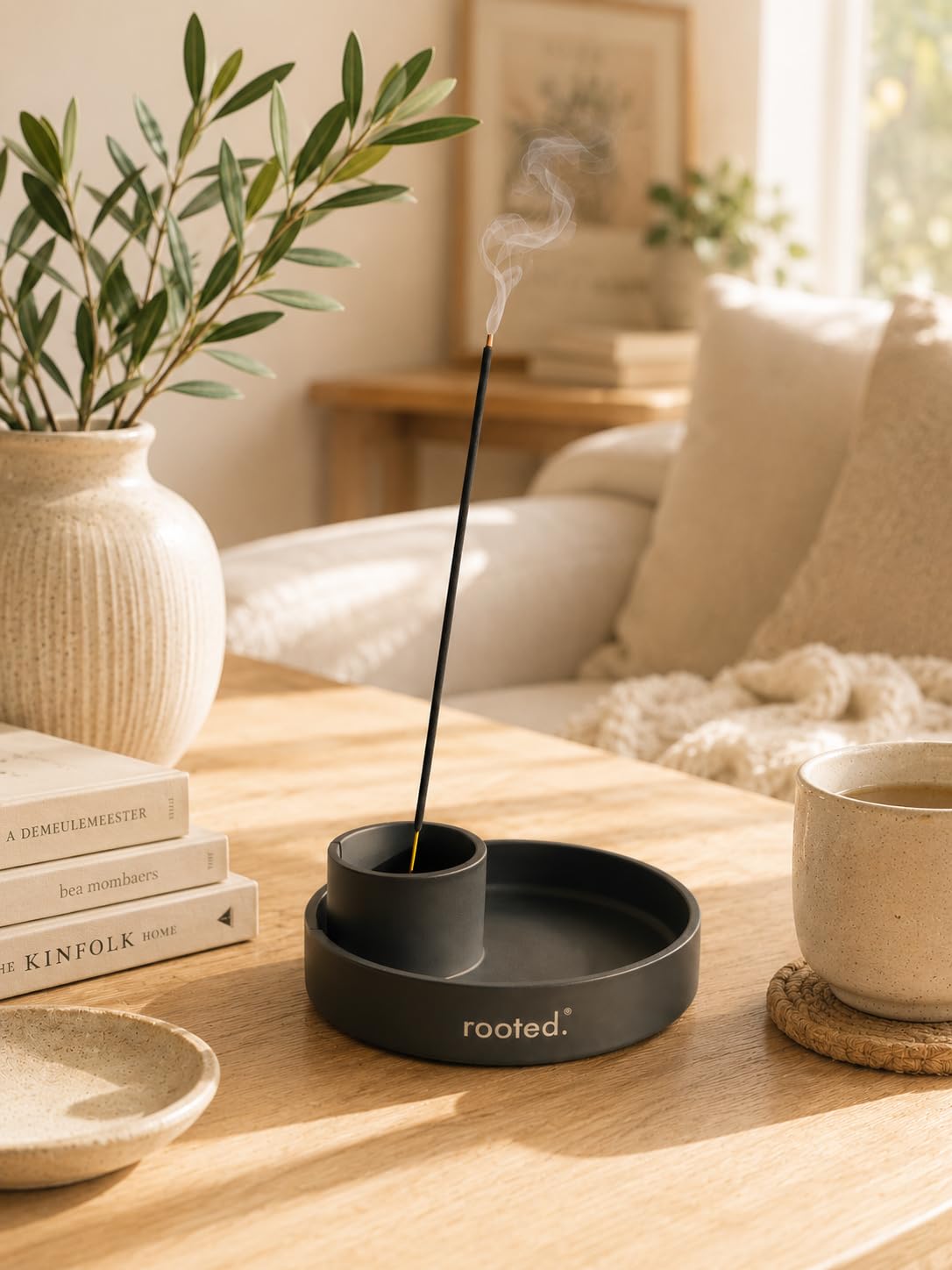 rooted.® Designerska miska do wędzenia 3 w 1 [matowa czerń] – ognioodporna miska ceramiczna do Palo Santo, białej szałwii i kadzidełek | nowoczesna, minimalistyczna, do rytuałów i czyszczenia