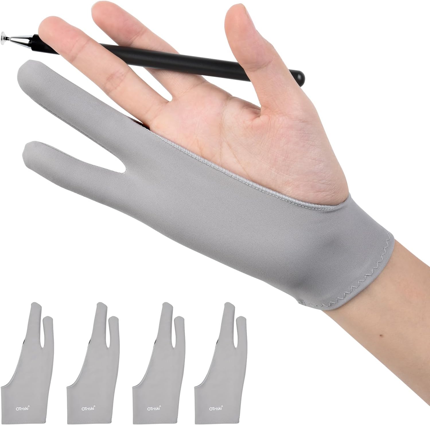OTraki Grey Drawing Glove with Two Finger 4 Pack Artist Glove Breathable Digital Art for Right and Left Hand Smudge Graphic Tablet iPad Paper Sketching, 2.95 x 7.87 inch