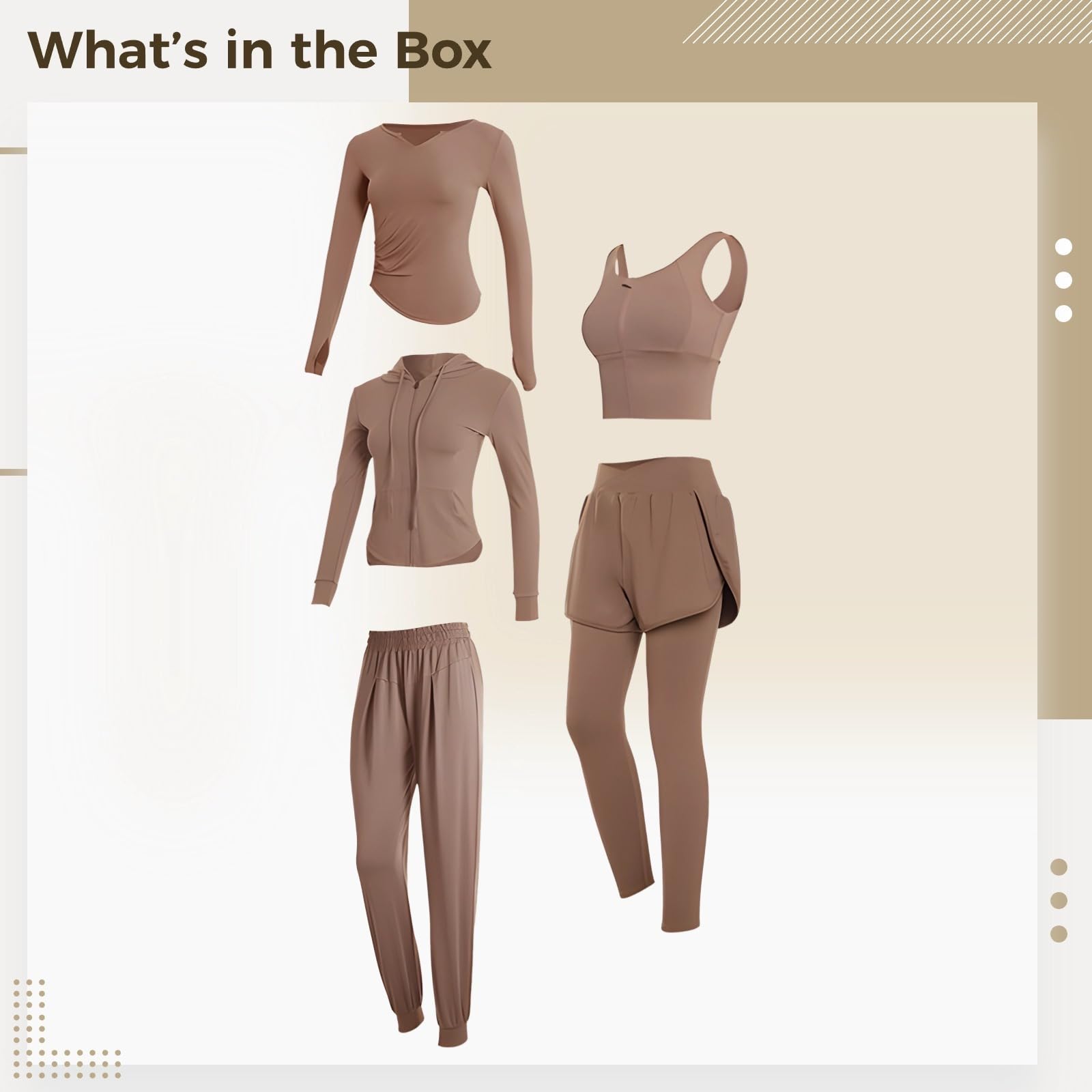Set da yoga da donna Xxl 5 pezzi, abbigliamento da allenamento leggero con cappuccio, ideale per 135-150, attrezzatura in poliestere spandex, Marrone, Etichettalia unica