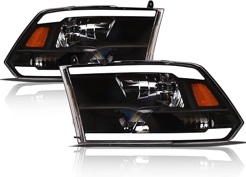 Alpha Owls 8711880 Faros de Cristal con Barra de Luz LED Blanca - Negro Ámbar Compatible con Dodge Ram 1500 2500 3500 2009-20182019-2023 Modelos