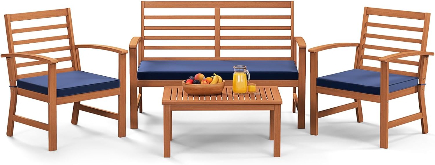 Tangkula 4 Pieces Outdoor Furniture Set, Acacia Wood Conversation Set w/Soft Seat Cushions, Stable Acacia Wood Frame, Patio Sofa & Coffee Table Set for Backyard, Porch, Poolside (Navy)
