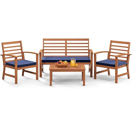 Tangkula 4 Pieces Outdoor Furniture Set, Acacia Wood Conversation Set