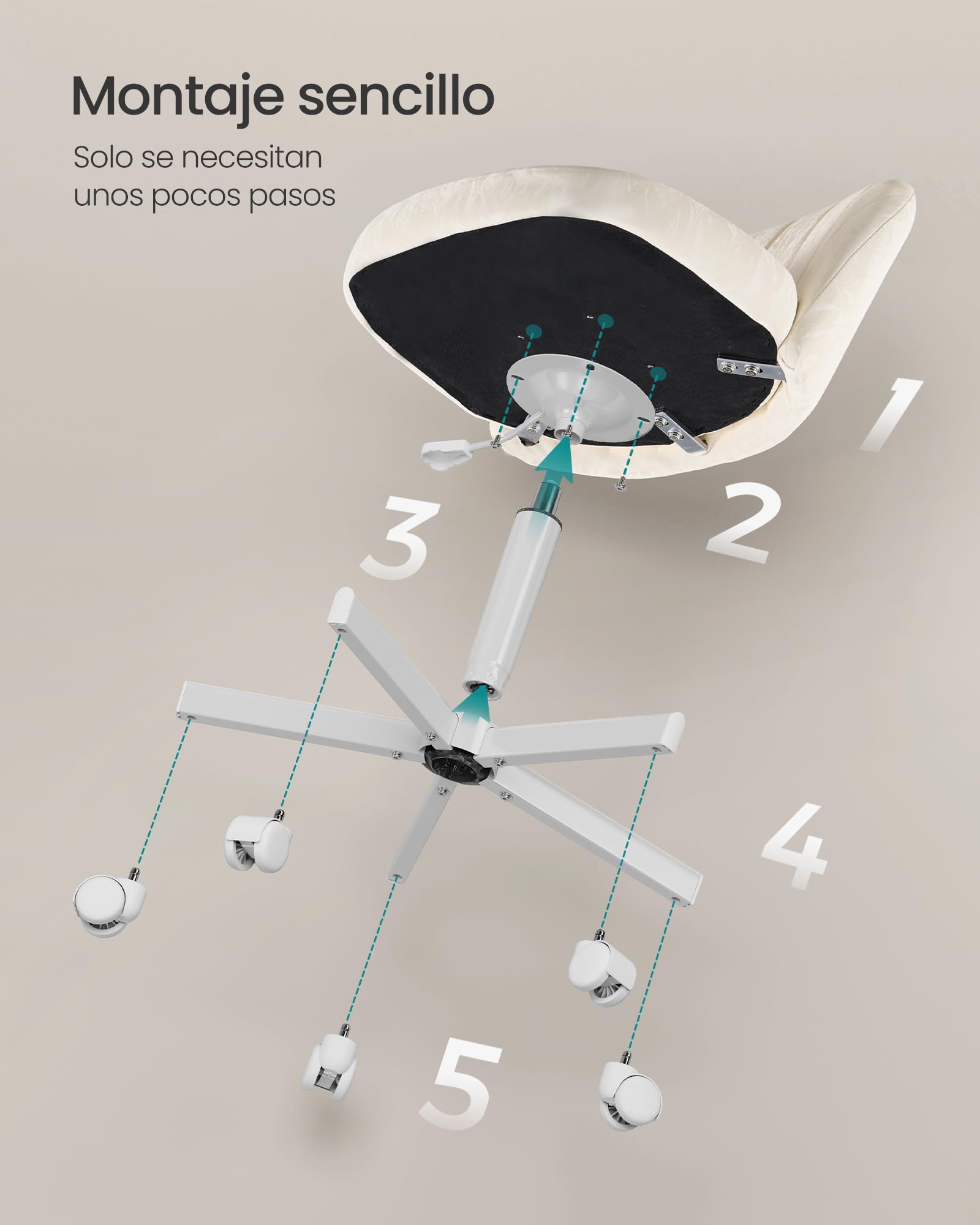 SONGMICS Silla de Escritorio Giratoria sin Reposabrazos, de Cuero PU, Ergonómica con Altura Ajustable, 60 x 60 x 70,5-83,5 cm, Blanco, para Espacios Pequeños, OBG027W101