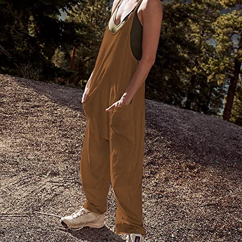 Seeluna Womens Casual Sleeveless Jumpsuits V-Neck Spaghetti Strap Wide Leg Romper Overalls Jumpsuit With Pockets(Brown,S) #TOP5