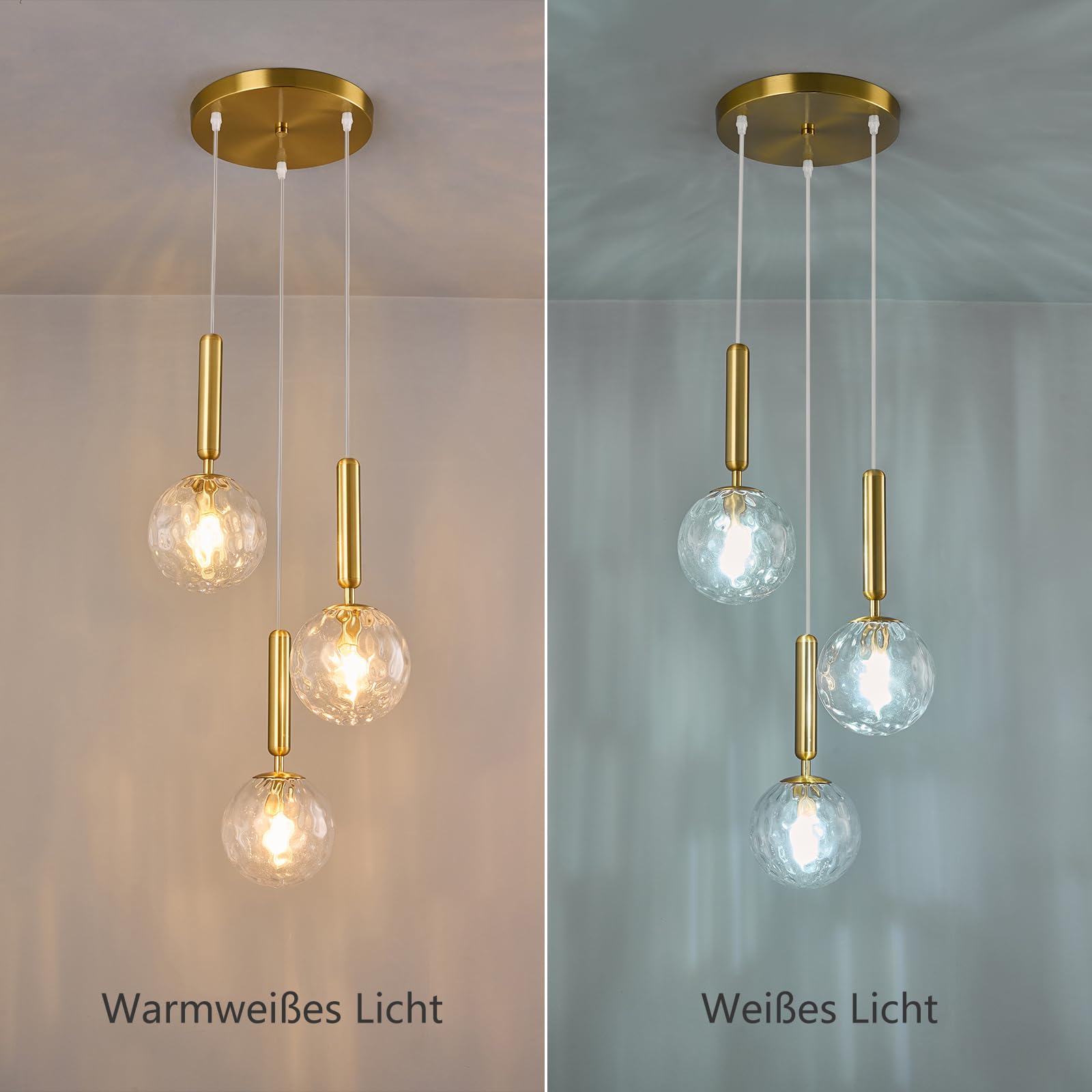 Moderne Gold Leuchte Pendelleuchte für Kücheninsel Mid Century Pendelleuchten mit Kugel Klarglas Weißglas Pendelleuchte für Esszimmer Bad Eingang Schlafzimmer(3-Licht)