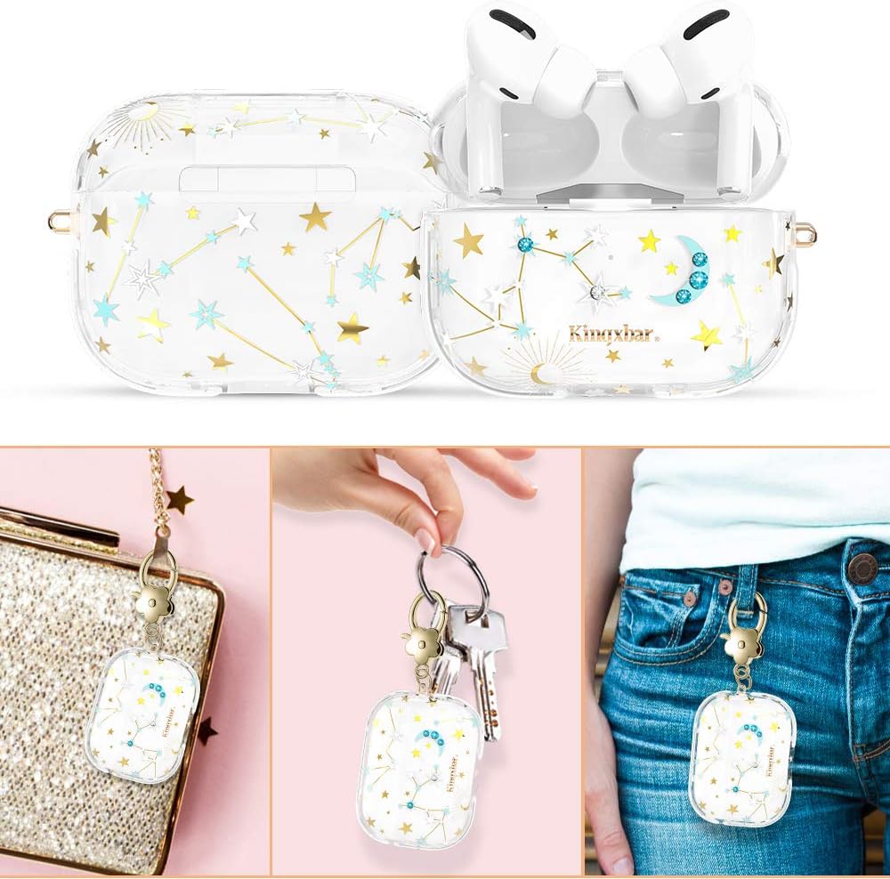 Special KINGXBAR UV Sensor Unique AirPods Pro Case Cover Full Protective TPU Frame Bling Crystal from Austria Floral Clear Hard PC Cover with Keychain for Apple AirPods Pro Cute Starry Sky Fashion Design