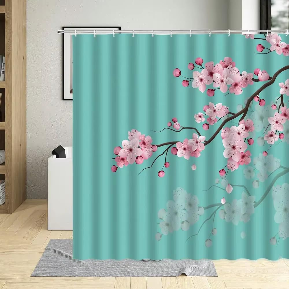 Rideau de Douche Vintage pour Salle de Bain, Magnifique Rideau de Douche en Polyester à Motif de Fleurs de Cerisier (240 x 200 cm/L x H / 6 Fleurs)