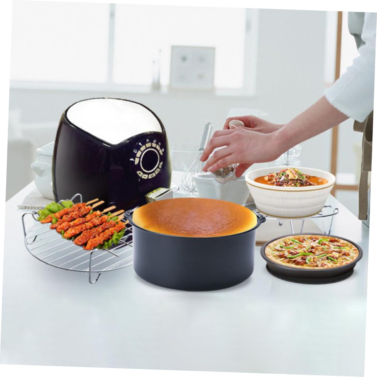 9-zoll Backform aus Edelstahl für Heißluftfritteusen, 1 Satz | Pizza und Kuchenform, Dampfgaraufsatz, Schwarz, Vielseitig und Sicher für Küche und Suppen