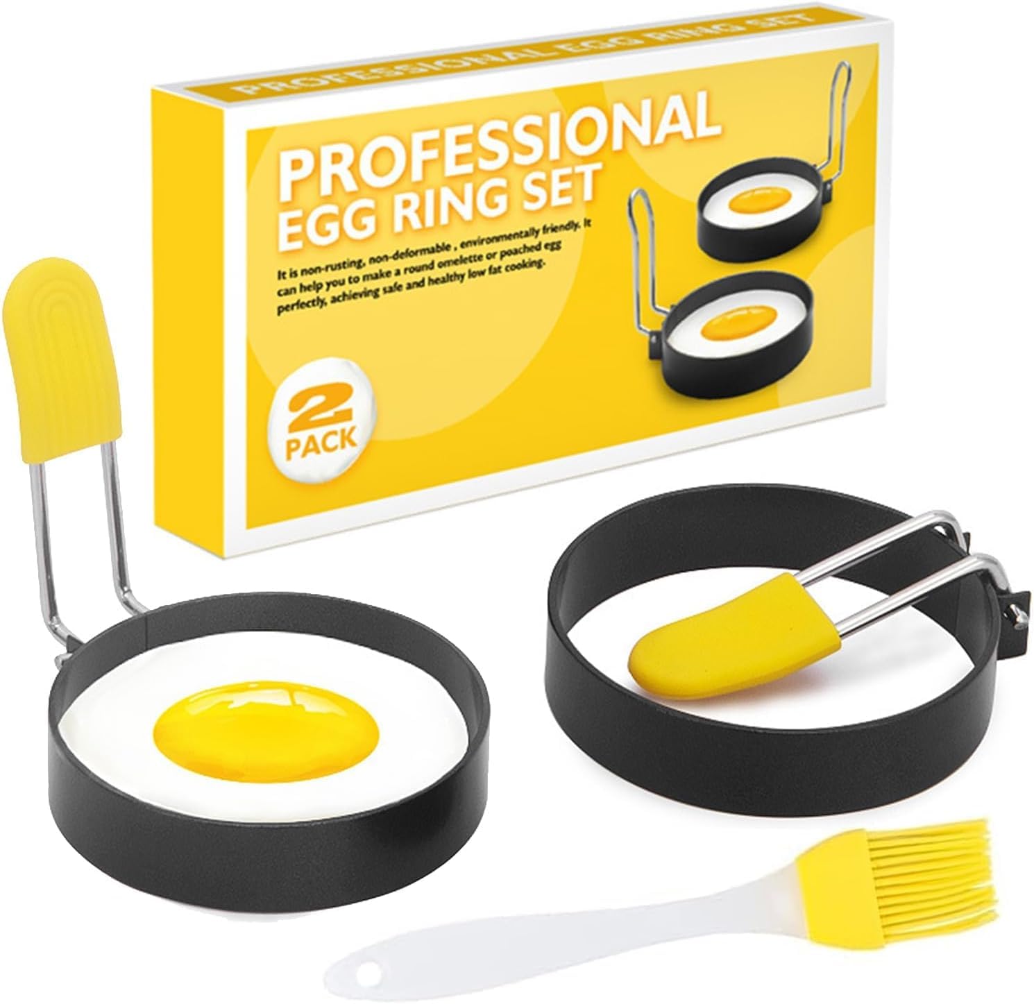 PacuM 2 Pieces Egg Rings for Frying Foldable and 1 Oil Brush Mould Non Stick Fried Egg Ring Includes Scald-Proof Handle for Home Kitchens Shaping Pancakes Mini Burgers Sandwiches