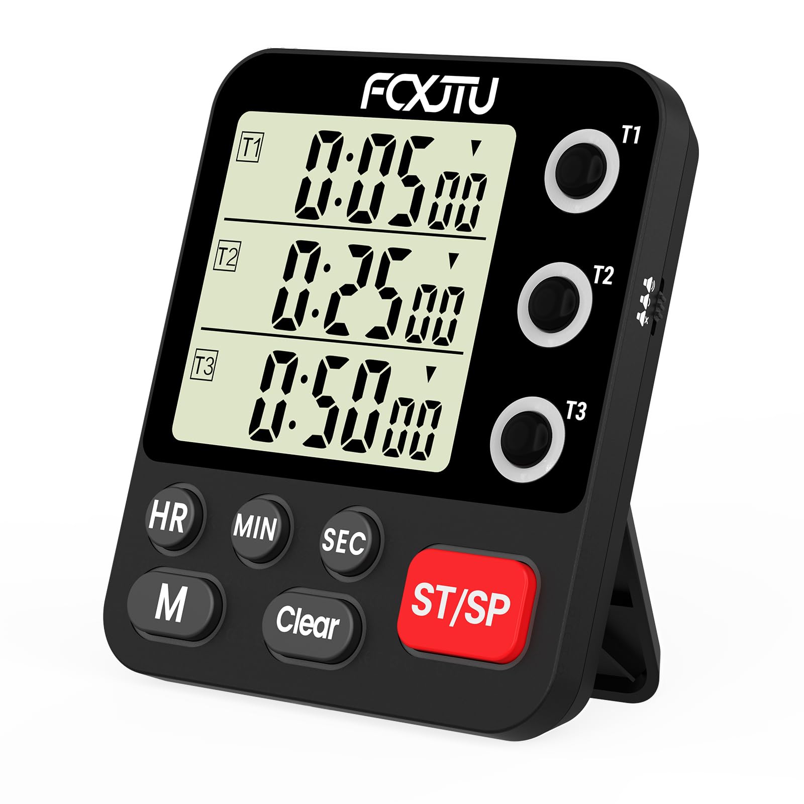 FCXJTU Digital Dual Kitchen Timer, 3 Channels Triple Independent Countdown Cooking Timer, Large Display, Loud Volume Alarm and Flashing Light with Magnetic Back, Stand, Battery Included Black