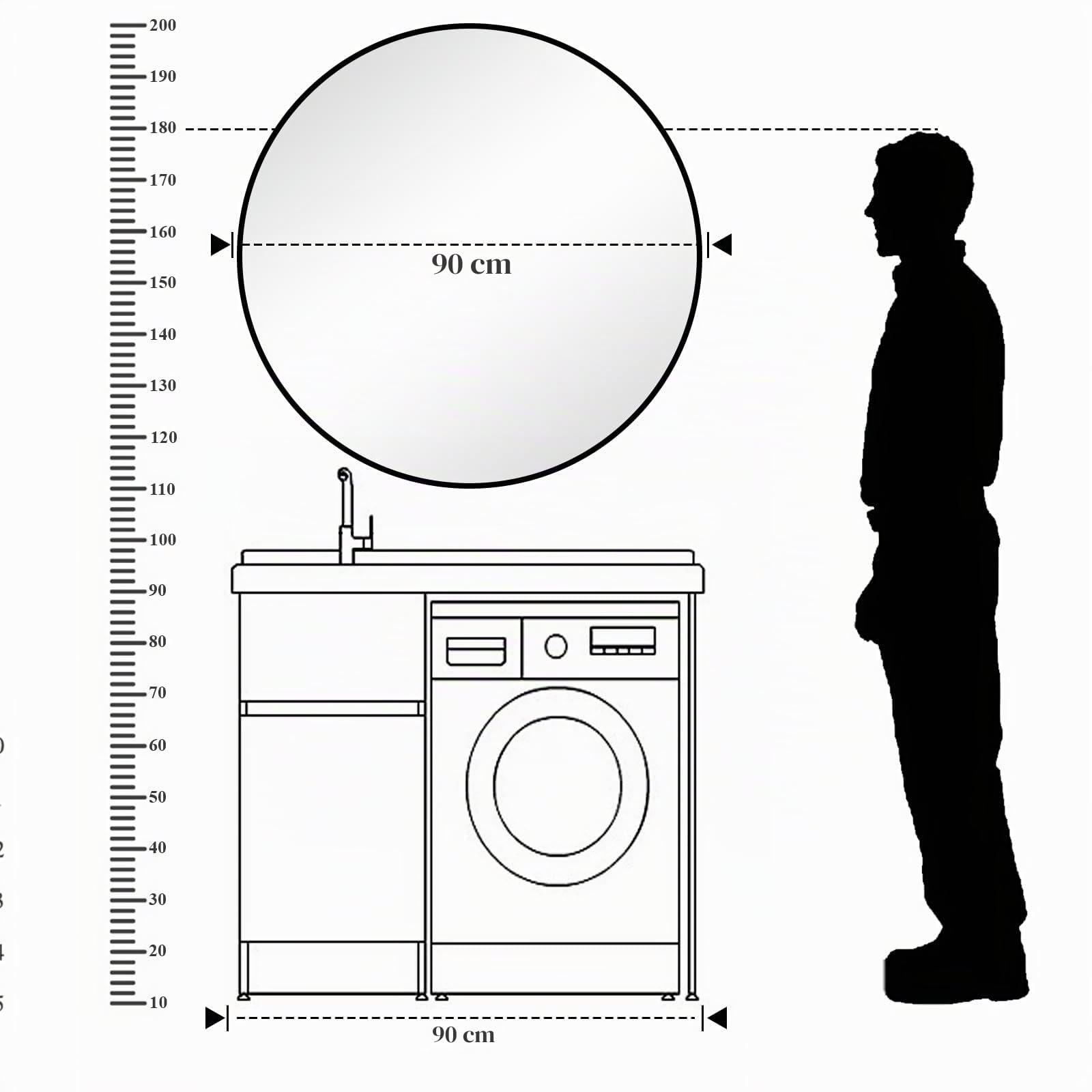 BEAUTYPEAK - Espejo redondo de 90 cm, espejo de pared irrompible con marco de aluminio, espejo de baño para colgar y apoyar, espejo de pared redondo para dormitorio, baño, sala de estar