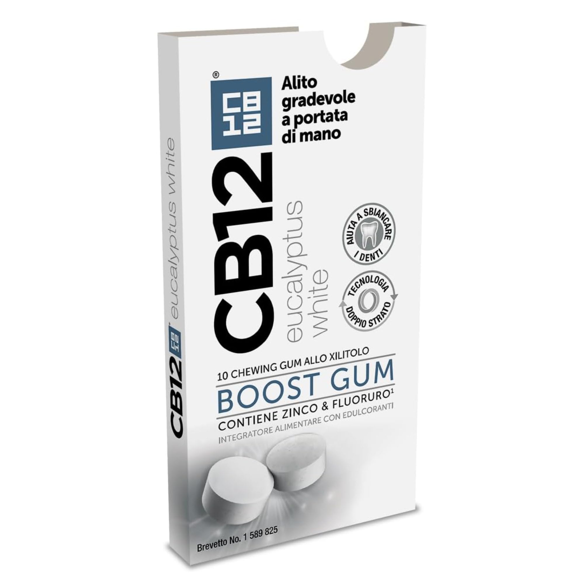CB12 Boost, Gomme da Masticare Senza Zucchero con Xilitolo, Gusto Eucalipto, Effetto Sbiancante, Prevengono Alito Cattivo, Confezione da 10 Chewing Gum