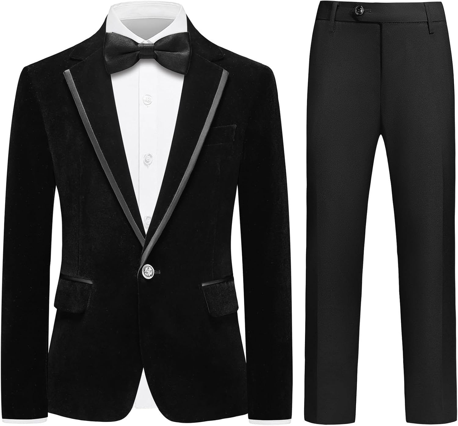 MODFUL Tuxedo Suits for Boys Kids Formal Wedding Outfit with Bow Tie White Shirt Velvet Blazer and Black Pants Set