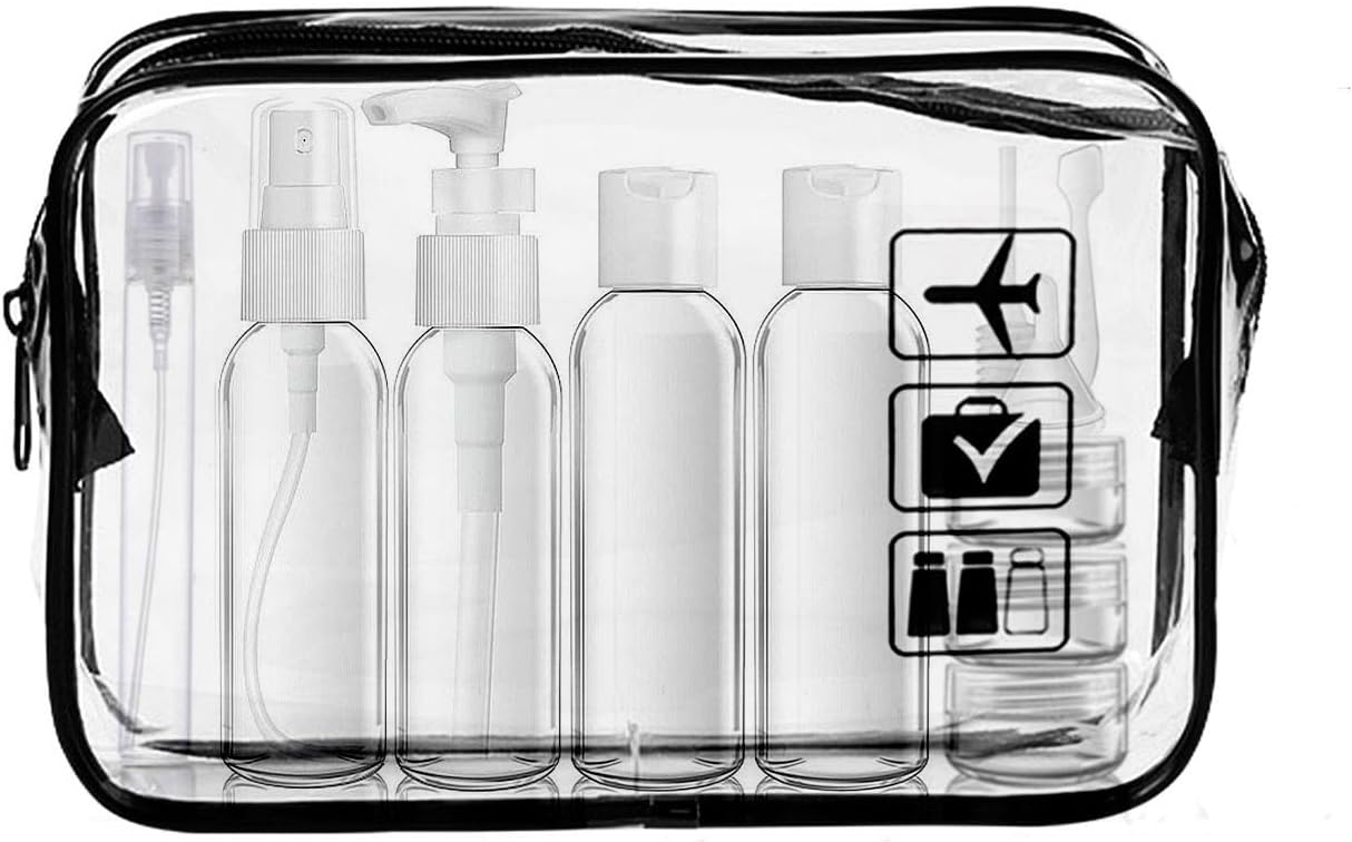 MORICOH Trousse de Toilette Voyage Transparente, Flacon de Voyage(100ml), Kit de 13 Pièces et 1 Sac Refermable (20x20cm) Conforme aux Normes UE et UK pour Bagages à Main, Voyage Accessoires