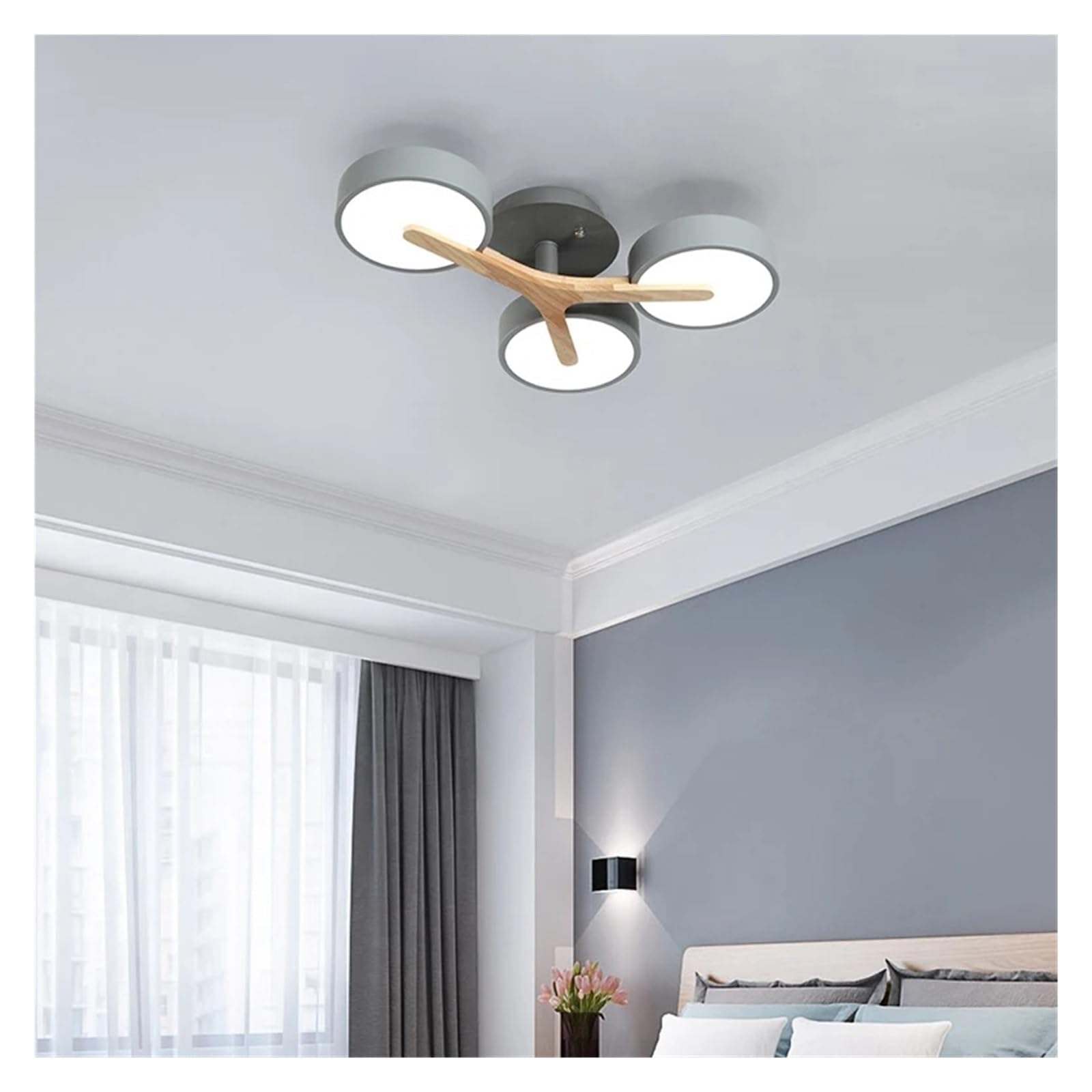 Plafonnier moderne en bois LED à 3 têtes avec motif arbres gris pour salon
